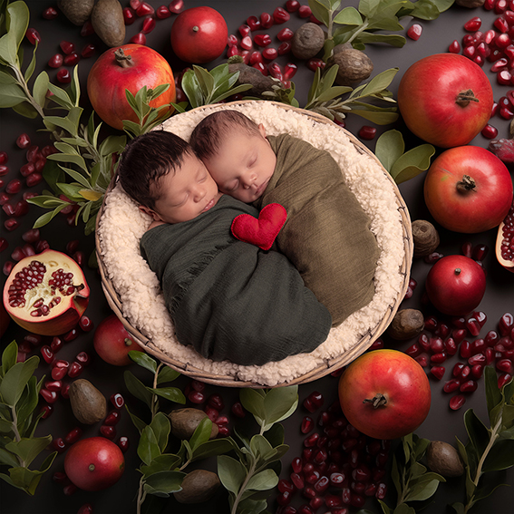 foto newborn di due gemelli in un cesto circondati da melograni