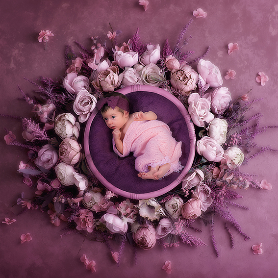 foto di una bellissima neonata in cesto circondato da fiori in varie tonalità di lilla