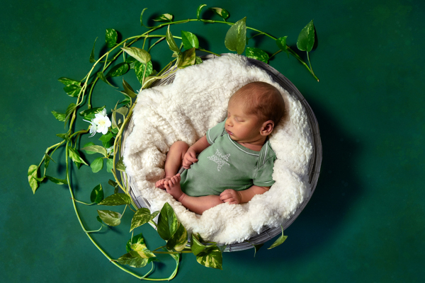 Foto artistica di neonato nel cesto su copertina bianca morbida, circondato da pianta e un fiore, sfondo verde